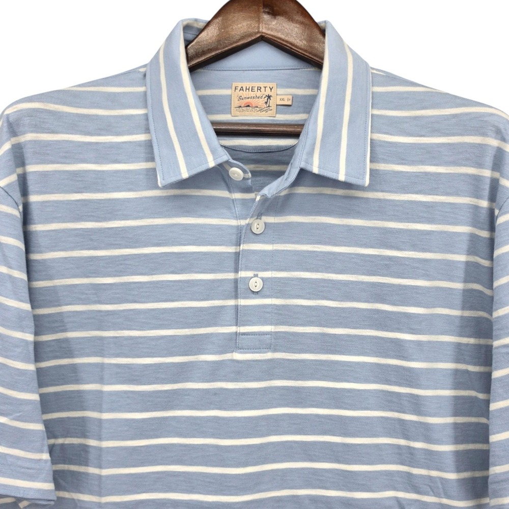 Faherty Sunwashed Organic Cotton Stripe Polo Shirt Men's XXL Blue White NWOT